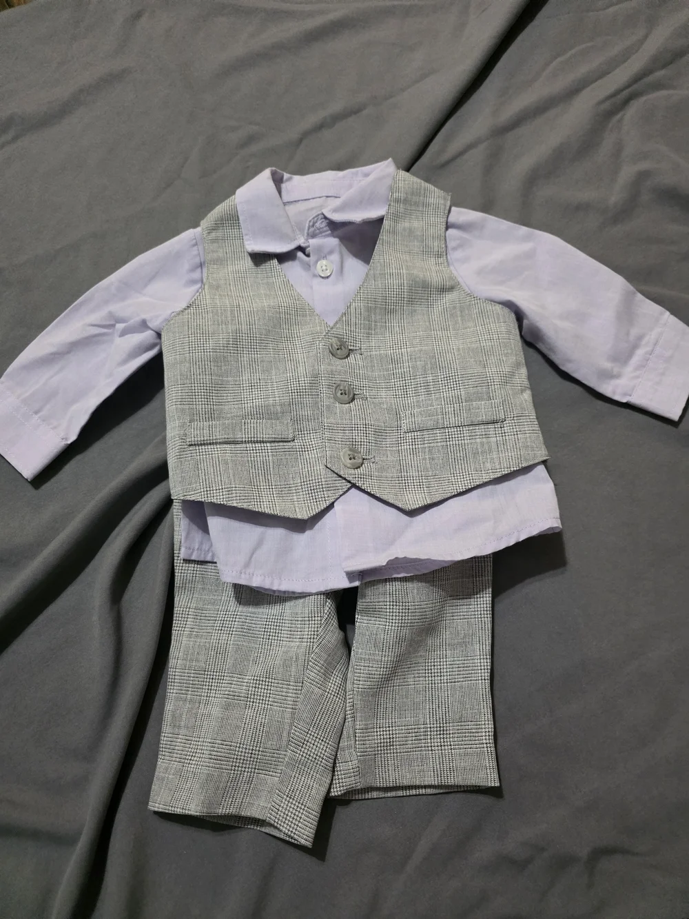 Classic Grey Plaid Baby Vest & Pants Set with Lavender Shirt